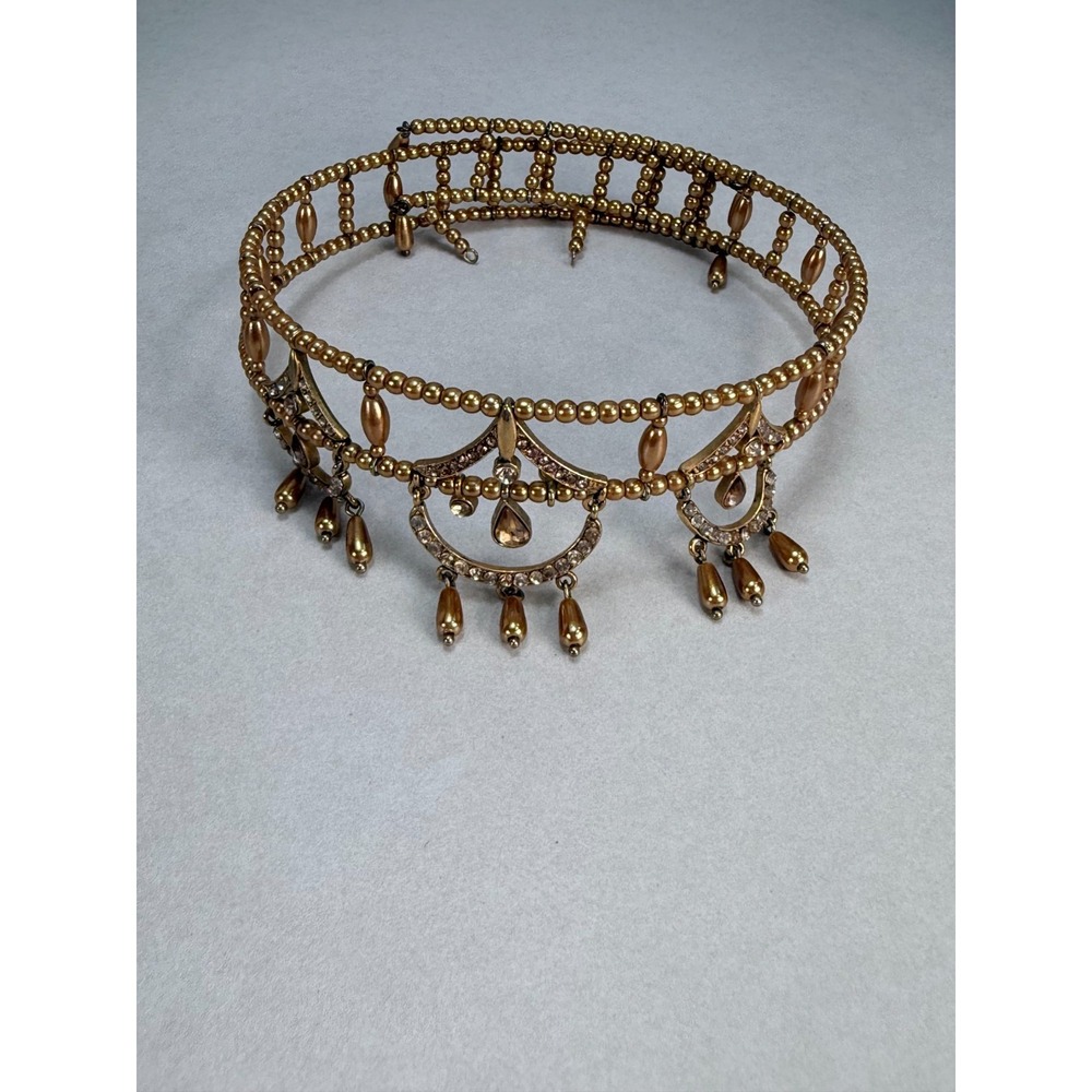 Vintage Gold Tone Rhinestone Choker Necklace Beaded Dangle Statement Boho - Picture 6 of 6